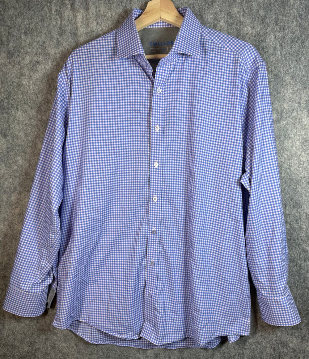 Twillory Tailored Fit Performance Fabric 17 32-33 Blue Check Pattern Button Down
